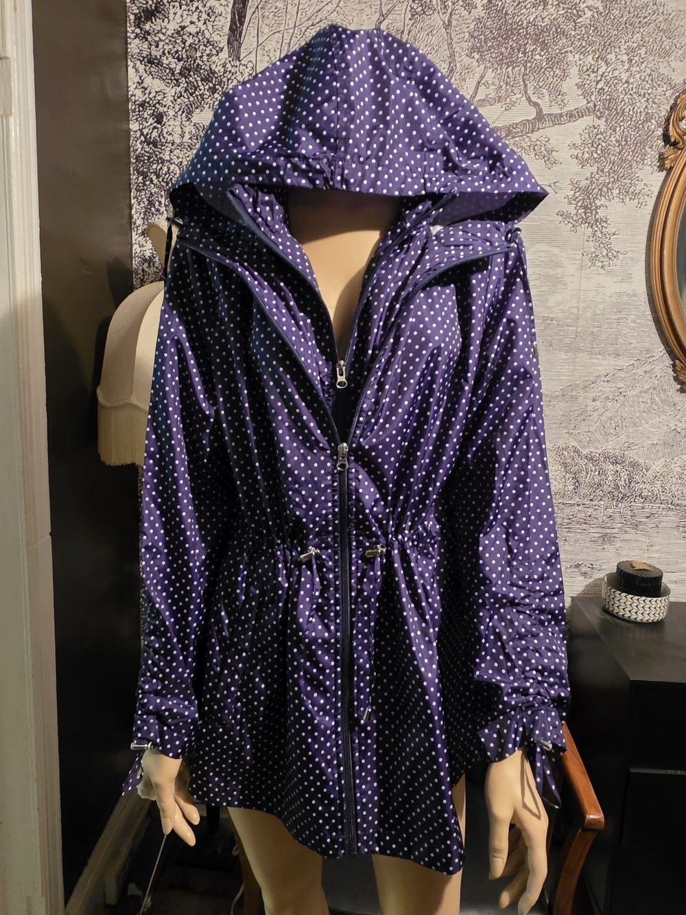 Jones New York Packable Rain Jacket - Navy Blue Polka Dot - Size Large